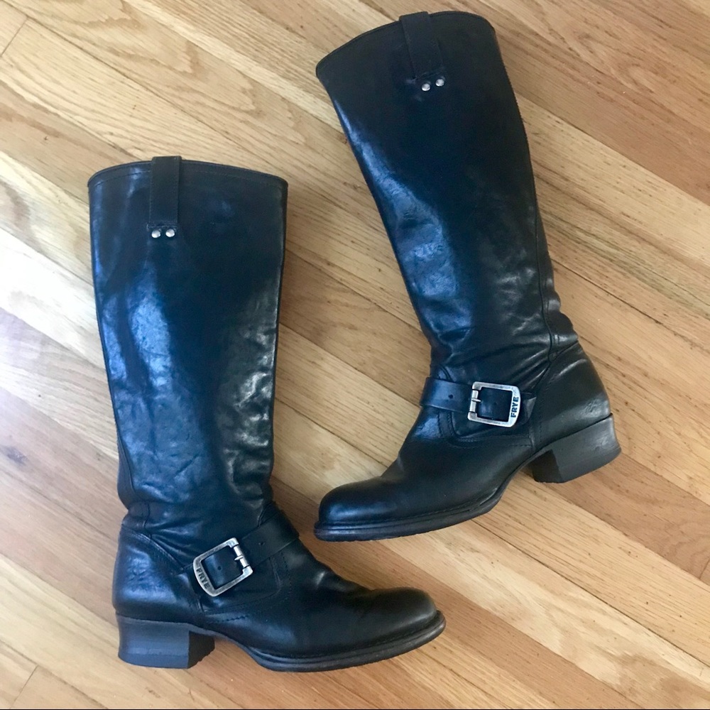 Frye Black Leather Moto Boots with Buckle